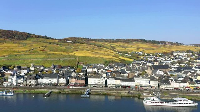 Rudesheim on Rhine river with vineyards, Rhineland- Platinate, Germany
