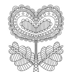 Heart shaped flower coloring page stock vector illustration. Happy Valentine day black and white illustration. Funny ornamental flower perfect for invitation, valentines cards and more. One of series