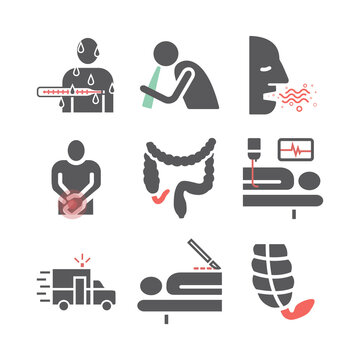 Appendicitis. Symptoms, Treatment. Line icons set. Vector signs for web graphics.