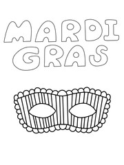 Mardi Gras words and venetian mask set stock vector illustration. Funny festival symbols hand draw black outline isolated on white background. Fat Tuesday carnival simple illustration. One of series