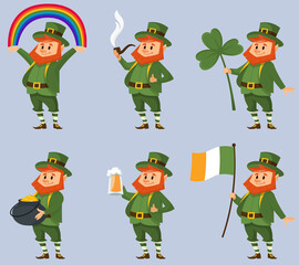 Leprechaun in different poses. Fictional character in cartoon style.