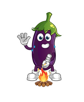 recommend clip art: eggplant roasting marshmallows character. cartoon mascot vector