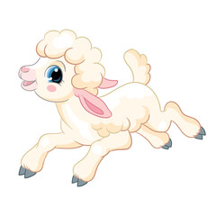 Cute cartoon character running lamb. Cute animal. Vector isolated illustration for postcard, posters, nursery design, greeting card, stickers or room decor, t-shirt, kids apparel, invitation, book
