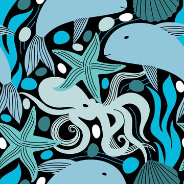 Seamless pattern with underwater animals. Vector illustration with sea inhabitants.