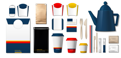 Coffee or tea packaging products mock up. Cups, container, sugar paper bags