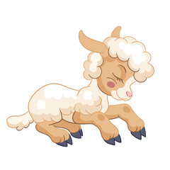 Cute cartoon character dreaming lamb. Vector illustration isolated on white background. For postcard, posters, nursery design, greeting card, stickers, room decor,t-shirt,kids apparel, invitation,book