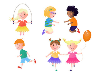 Children of different ethnicity playing games. Set of vector illustrations.