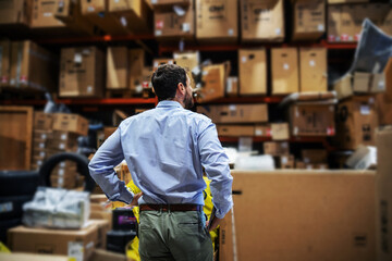 Rear view of bearded businessman standing in storage of export firm and checking on boxes ready for shipment.