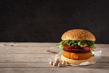 Delicious healthy chickpea burger. Alternative diet. Veganism food concept. Copy space	