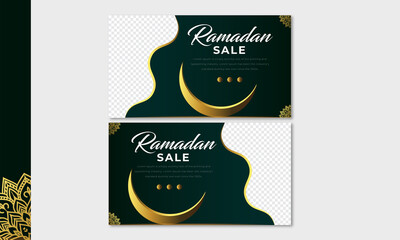 Horizontal banner for Ramadan sale.Green banner set for Ramadan
