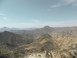 Elabered, Eritrea - January 15, 2021: Travelling around the vilages near Asmara and Massawa. An amazing caption of the trees, mountains and some old typical houses with very hot climate in Eritrea. 