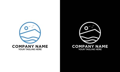 Vintage Hipster Retro Mountain Sea Ocean landscape nature view stamp logo design inspiration. Mountain Outdoor Logo Design ,Hiking, Camping, Expedition And Outdoor Adventure.