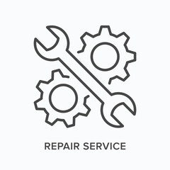 Repair service flat line icon. Vector outline illustration of wrench and cogwheel. Black thin linear pictogram for technical support