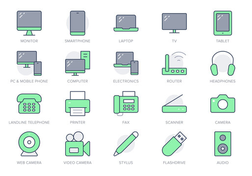 Computer devices simple line icons. Vector illustration with minimal icon - laptop, pc, smartphone, tv, monitor, tablet, fax, landline phone and office equipment. Green Color, Editable Stroke