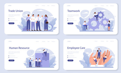 Trade union web banner or landing page set. Employees care idea.