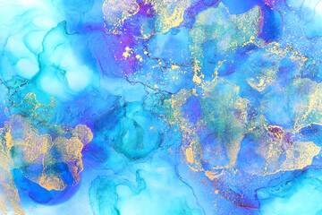 art photography of abstract fluid art painting with alcohol ink, blue and gold colors