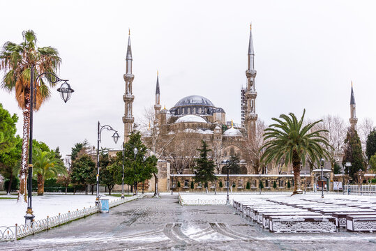 Snowy day in Sultanahmet Square. ISTANBUL, TURKEY. Snowy landscape with Blue Mosque (Sultanahmet Camii).