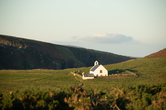 Mwnt church on hill by the coast. Cardigan Wales.