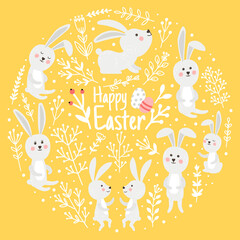Fototapeta premium Cute rabbits of spring day. Cartoon elements of happy easter, decorative characters of holiday, vector illustration of bunnies with branches and eggs isolated on yellow background