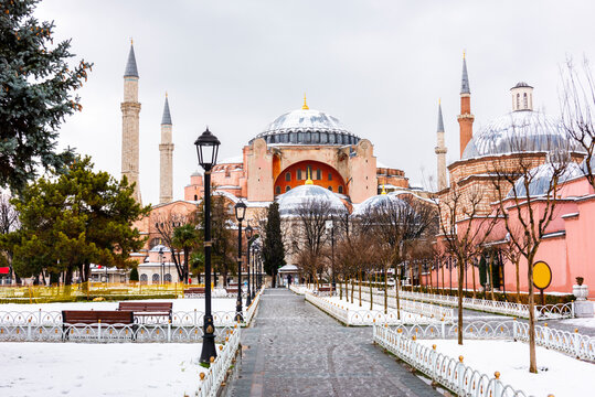 Snowy day in Sultanahmet Square. ISTANBUL, TURKEY. Snowy landscape with HAGIA SOPHIA.