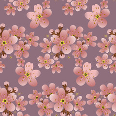 Seamless background with blooming cherry. Sakura flowers on dark isolated background.