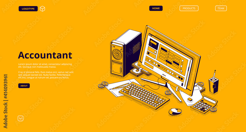 Wall mural accountant isometric landing page. monthly recurring revenue and tax calculation. computer desktop w