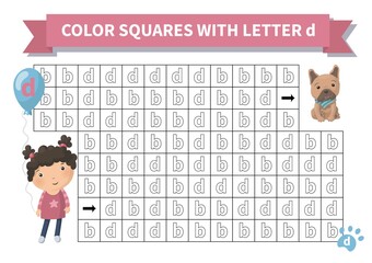 Printable game. Worksheet for kids. Exercise about letter reversals d and b. Maze with girl and french bulldog, Page a4, Vector