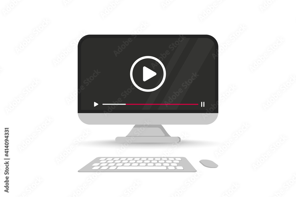 Poster computer screen with video player on screen. monitor front view with mock up live stream window, pla