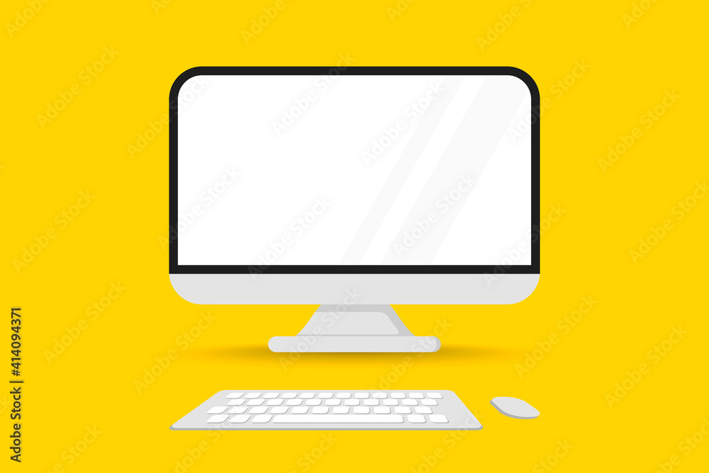 Poster computer monitor front view with mouse and keyboard. screen computer monitor. display with empty scr