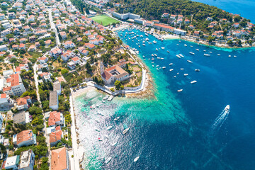 Aerial view of Hvar waterfront and Franciscan monastery - obrazy, fototapety, plakaty