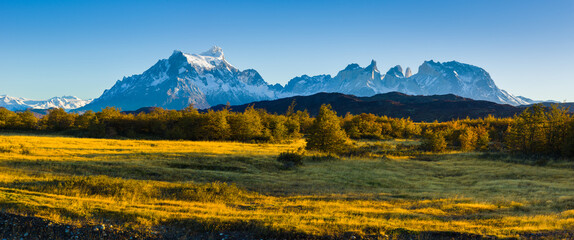 Autumn landscape with the Paine mountain range in Patagonia, Chile