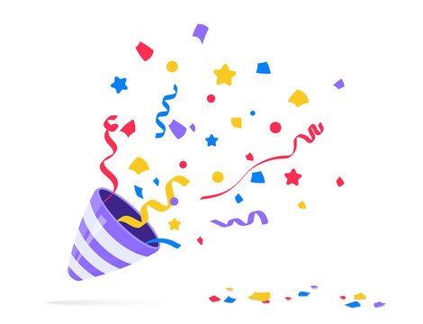 Party Popper. Exploding festive Popper with confetti. The element of celebrating a new year, birthday and any holiday. Flapper for celebration decoration design emoji. Flat icon. Party confetti