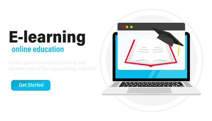 E-learning, online education. Digital Online Education. Home schooling. Laptop Web page with open book and a Graduation hat. Web courses or tutorials, learning concept on laptop screen. Distance exam