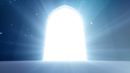 Door Opening to the brilliant Future, way to Heaven and Success. 3D illustration.
