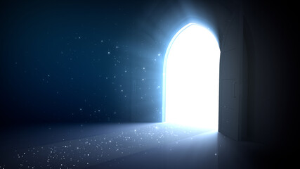 Door Opening to the brilliant Future, way to Heaven and Success. 3D illustration.