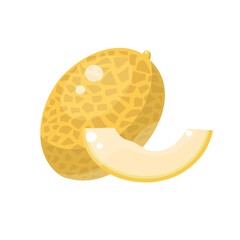 Fresh whole fruit and slice isolated on white background. Honeydew melon. Summer fruits for healthy lifestyle. Organic fruit. Cartoon style. Vector illustration for any design.