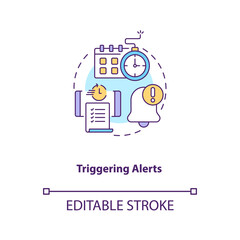 Triggering alerts concept icon. Contract management software functions. Contract management processes idea thin line illustration. Vector isolated outline RGB color drawing. Editable stroke