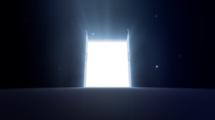 Door Opening to the brilliant Future, way to Heaven and Success. 3D illustration.