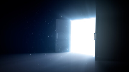 Door Opening to the brilliant Future, way to Heaven and Success. 3D illustration.