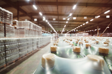 a huge industrial warehouse with plastic food wrap wrapped plastic bottles with carbonated drinks, ...