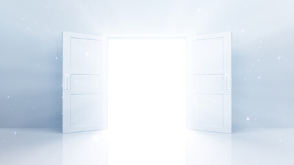 Door Opening to the brilliant Future, way to Heaven and Success. 3D illustration.