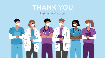 Thank you heroes, group of doctors, nurses and medical personnel team, healthcare frontline workers. Professional therapist and hospital staff. Trendy modern illustration isolated on blue background