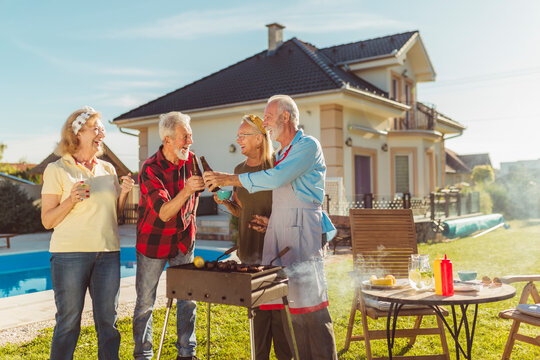 Senior friends making a toast at backyard barbecue party - Powered by Adobe