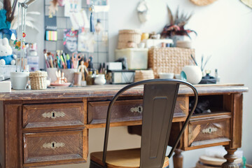 Creative workspace with wooden vintage table