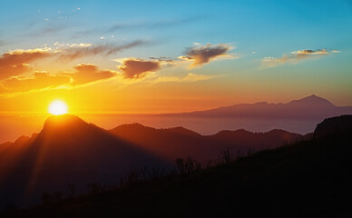 View of volcanic caldera of Tejeda from Gran Canaria at sunset, Canary islands, Spain.