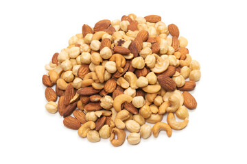 Mix of nuts isolated on white background. Top view.