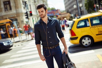 Casual young man walking in the city, holding bag.