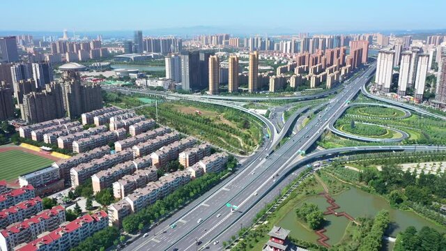 Urban high-rise buildings around expressways in Zhengzhou, Henan, China