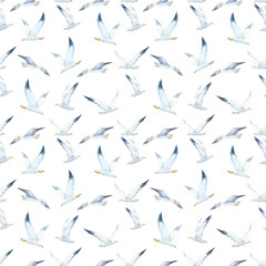 Beautiful seamless pattern with cute watercolor seagulls. Stock illustration.