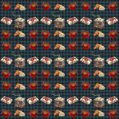 Fototapeta premium Seamless texture, background with coffee, coffee grinder, a cup of coffee, sandwich, croissant, cake, pattern, seamless wallpaper on a coffee theme, geometric seamless pattern, background with a 